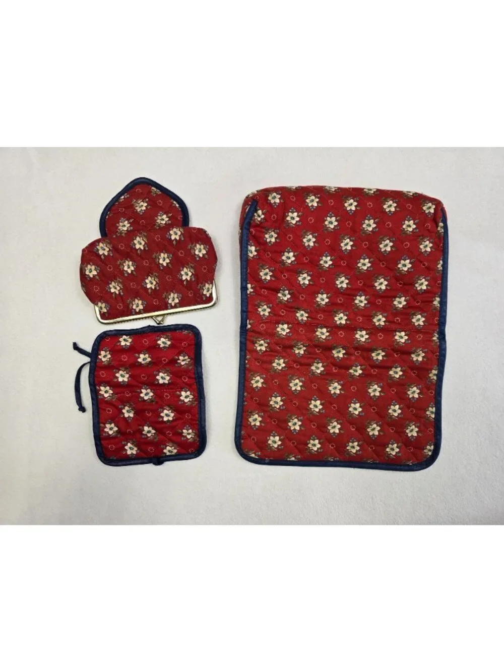 Vintage Red Floral Quilted Travel Organizer Set Mirror Coin Purse Jewelry Holder